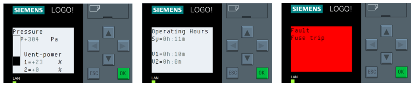 Browser-based control interface showing live status indicators and diagnostics for an air supply unit