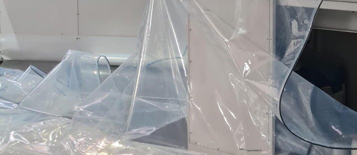 Welded ETFE foil panels folded in the workshop before delivery to site